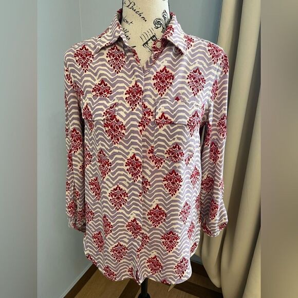 Porridge Anthropologie Women's Patterned Button Down Roll Tab Sleeve Shirt Sz XS - Picture 1 of 11